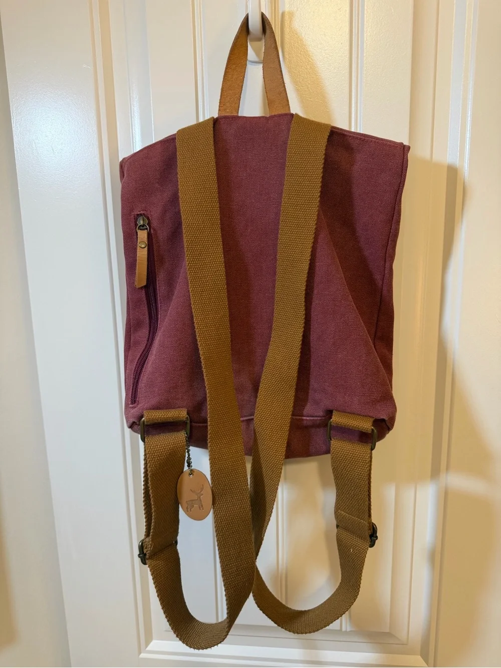 Roll-Top Burban Canvas Backpack in Burgundy with Tan Trim